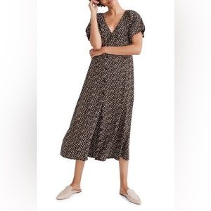 Madewell Ditsy Bubble Sleeve Button Front Midi Dress Black Floral Size XS